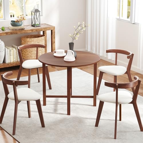 GOFLAME 36” Folding Dining Table for 2-4, Round Drop Leaf Kitchen Table with Solid Wood Legs, Space Saving Extendable Table for Dining Room, Living Room, Small Space, Walnut - color: Walnut