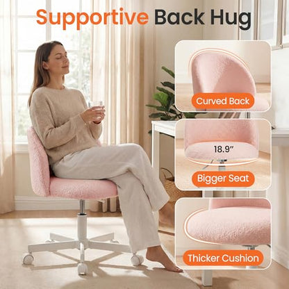 NEO Chair Office Vanity Chair with Wheels Comfy Desk Chair for Girls Cute Computer Small Armless Adjustable Height Swivel for Home Bedroom Task (Teddy Pink) | Soft Fleece Fabric with Supportive Curved Back, 360° Swivel, Cozy Comfort for Makeup, Computer,