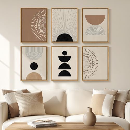 6 Piece Framed Boho Neutral Wall Art Set, Modern Abstract Geometric Canvas Painting Prints, Brown Black and Beige Minimalist Picture Artworks for Living Room Dining Room Bedroom 11x14 Inch - color: Neutral