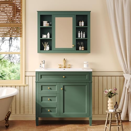 Wall Mounted Medicine Cabinet, Bathroom Storage Cabinet with Mirror Door and 6 Adjustable Open Shelf (7.3" D x 35" W x 27.5" H) (Green) - color: Green
