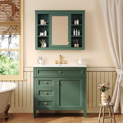 Wall Mounted Medicine Cabinet, Bathroom Storage Cabinet with Mirror Door and 6 Adjustable Open Shelf (7.3" D x 35" W x 27.5" H) (Green) - color: Green