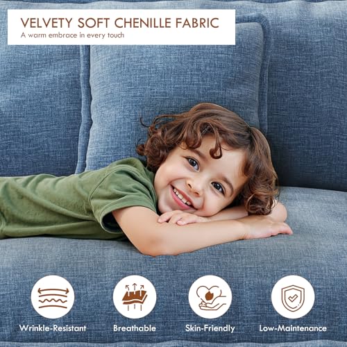 77" Cloud Sofa Loveseat, Comfy Sectional Couch, 2-Seater Chenille Deep Seat Sofa with Throw Pillows for Living Room Bedroom Apartment (Blue) - color: Blue, size: 77" Sofa