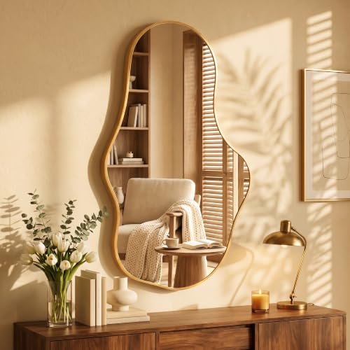 Bathroom Mirror for Over Sink-Gold Room Decor Wall Mirror 22"x 36" | Irregular Wall Mirror - Asymmetrical Abstract Mirror Unique for Bedroom, Living Room, Cloakroom, Entryway - color: Rose Gold, size: 22"L x 36"W