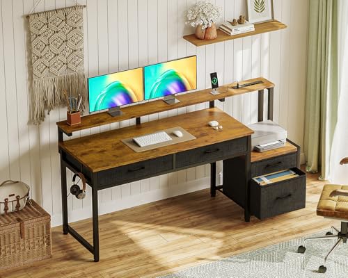 AODK Computer Desk with 4 Drawers, 55 Inch Office Desk with Printer Shelf & Built-in Power Outlet, Work Desk with Monitor Shelf for Home Small Spaces, Rustic Brown - color: Rustic Brown
