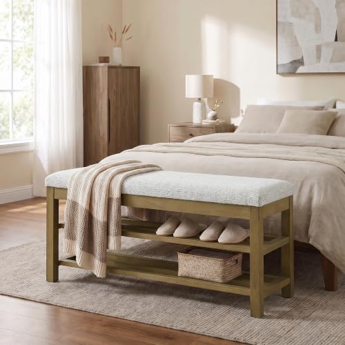 VKNOW 44.3” Entryway Bench, 2-Tier Upholstered Shoe Storage Bench, Beige | Shoe Bench with Rubberwood Legs, Shoe Rack for Entryway, Hallway, End of Bed, Living Room - color: Beige1