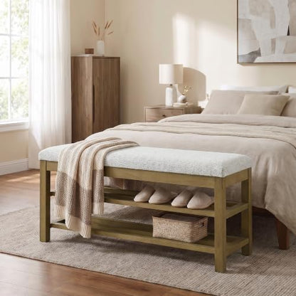 VKNOW 44.3” Entryway Bench, 2-Tier Upholstered Shoe Storage Bench, Beige | Shoe Bench with Rubberwood Legs, Shoe Rack for Entryway, Hallway, End of Bed, Living Room - color: Beige1