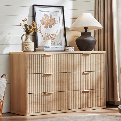 LEYAOYAO Fluted 6 Drawers Dresser for Bedroom, 48" Wide Modern Chest of Drawers with Metal Handle, Natural Curved Profile Farmhouse Closet Organizer Wood Dressers TV Stand for Living Room, Hallway - color: Natural, size: 15.4"D x 48"W x 29.6"H (6 Drawers)