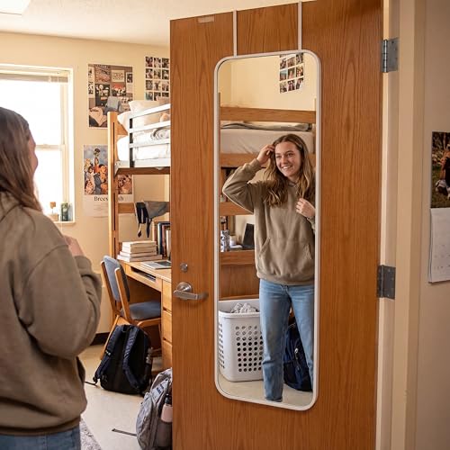 Thyle Over The Door Mirror 16x48'' Full Length Dorm White Mirror with Adjustable Hooks Wall Mounted for College School Classroom Affirmation Station Back Door Bedroom Entryway Long Body