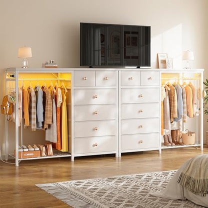 EnHomee 125cm W 드레서, 걸이용 랙 및 서랍 6개, 그리드 패널 및 후크 4개 포함 | LED 조명 및 충전 스테이션, 침실용 나무 상단 정리 유닛, 스틸 프레임이 있는 서랍장, 화이트 - color: 화이트.