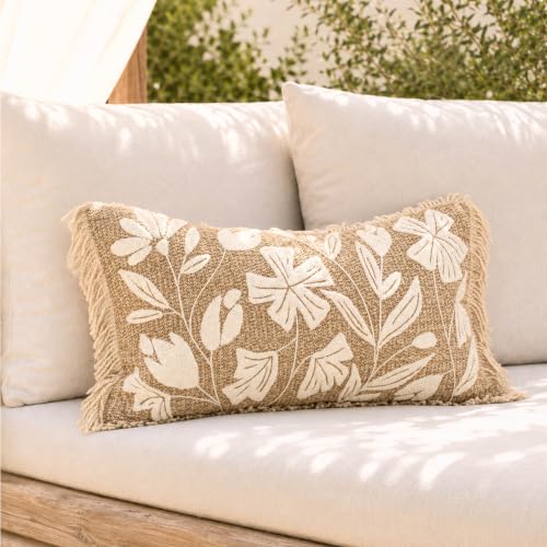 Lumbar Pillow Cover 12x20 Inch Indoor Outdoor, Jute Inspired Floral Tufted Decorative Accent Pillow Case for Patio Couch Sofa Living Room, Cover Only - color: Jute Inspired, size: 20" x 12" (Pack of 1)