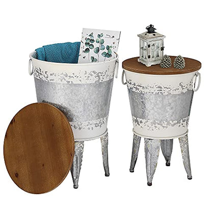 RUSTOWN Farmhouse Side Tables Set of 2, Galvanized Metal Bucket End Table | Storage Metal Bin with Round Wooden Lid, Accent Side Table, Rustic Antique Cocktail Table for Living Room, Bedroom, Outdoor - color: Distressed White