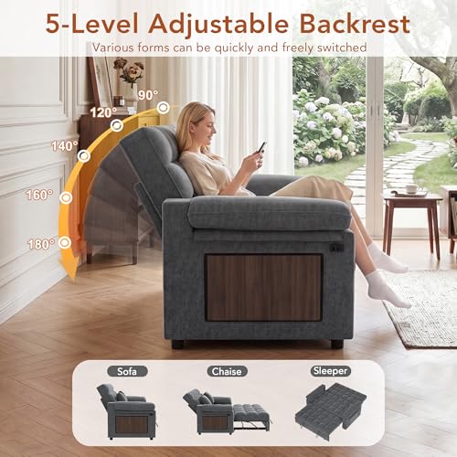 Vipbear Sleeper Sofa Bed, 70" Pull Out Futon Couch with Small Table| USB Port | Side Pockets | Tool-Free Assembly | Adjustable Backrest for Apartment, Office, Guest Room, Chenille Gray - color: Grey