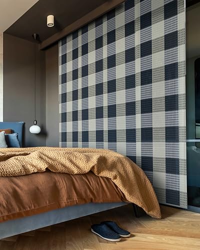 Panel Blinds 45.8"-86" x 96", Classic Navy Gingham Plaid | Natural Woven Navy Gingham Fabric with Adjustable Track, Trimmable Panels for Room Dividers and Sliding Doors - color: Navy Gingham