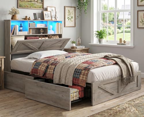 AOGLLATI Twin Bed with Storage Bookcase Headboard and 4 Drawers,Wooden Farmhouse Twin Bed Frame with Charging Station, Led Lights & Metal Slats,Grey - color: Grey, size: Twin
