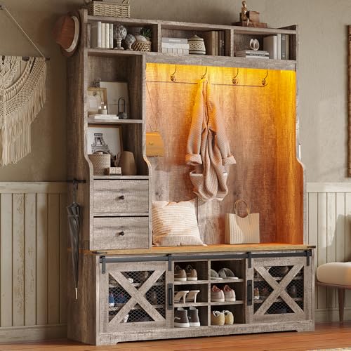 AMERLIFE 75" 7-in-1 Farmhouse Hall Tree with Shoe Bench & LED, Rustic Grey | 7-in-1 Design, 16-Color RGB LED Lights, Barn Door Cabinet, 12 Shoe Cubbies, 2 Drawers, Adjustable Shelves, Coat Racks - color: Rustic Grey