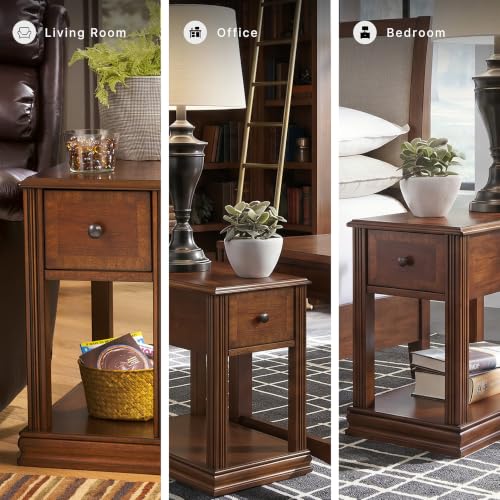 Signature Design by Ashley Breegin Narrow Chairside End Table | Rich dark brown wood veneers, Deep storage drawer with removable PVC tray, Compact 13-inch width fits tight spaces - color: Medium Brown