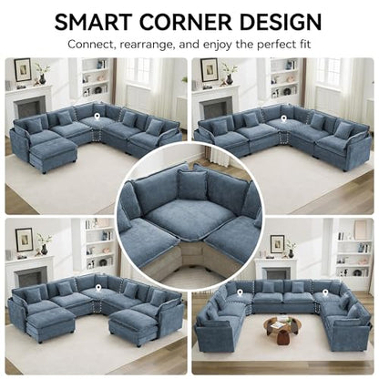 113'' V Shaped Cloud Sectional Sofa, Oversized Deep Seat Couches for Living Room, Chenille Comfy Upholstered Modular Sectional Sofa Couch with 2 Movable Ottoman, Blue - color: Blue, size: 113'' V Shaped+2 Ottoman
