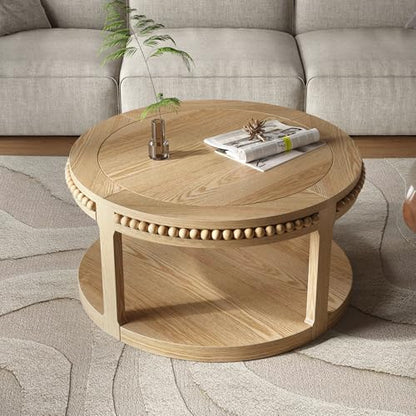 31.5" Round Wood Coffee Table, 2 Tier Modern Center Table,Solid Wood+MDF, Easy Assembly, Accent Table for Living Room, Apartment, Small Space. (Natural Wood) - color: Natural-m