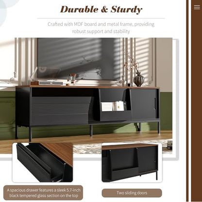 Modern TV Stand 71 in for TVs up to 75 Inches, Entertainment Center with Sliding Doors and Adjustable Shelves for Living Room, Black Media Console with Walnut Top and Sturdy Metal Frame - color: Black-h-70.90 X 15.70 X 22.50 Inch