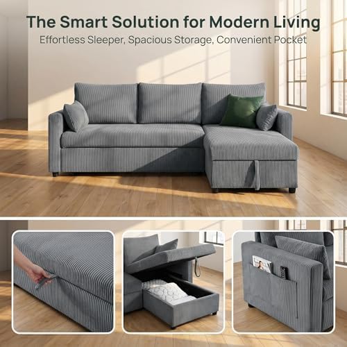 Sleeper Sofa Bed with Adjustable Backrest & Side Pockets, Gray | Adjustable Backrest & Side Pockets,Pull Out Sofa,Comfortable Fabric - color: C-gray-nr