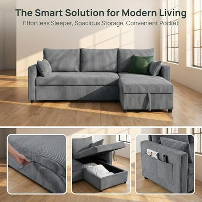 Sleeper Sofa Bed with Adjustable Backrest & Side Pockets, Gray | Adjustable Backrest & Side Pockets,Pull Out Sofa,Comfortable Fabric - color: C-gray-nr
