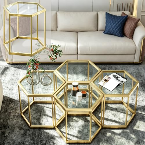 Hexagonal Modular Coffee Table, Gold Plated Frame, Tempered Glass Top, Geometric Accent Side Table, Multi-Purpose Nesting Table for Living Room Bedroom, Set of 1 - size: 1 Piece