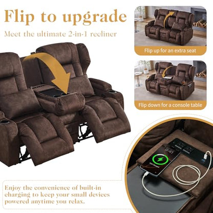 Loveseat Recliner Sofa,RV Wall Hugger Recliners with Flip-up Console,Reclining Loveseat Sofa Recliner with Cup Holders/Lumbar Pillows for Small Spaces,RV Furniture (Chestnut,68" 2-Seater) - color: Chestnut, size: 68" 2-Seater