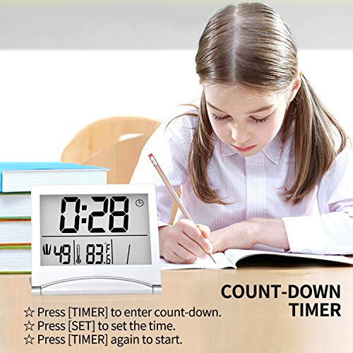 Betus Digital Travel Alarm Clock - Foldable Calendar Temperature Timer LCD Clock with Snooze Mode - Large Number Display, Battery Operated - Compact Desk Clock for All Ages (Silver Pack of 2) - color: Silver Pack of 2