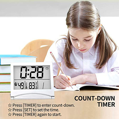 Betus Digital Travel Alarm Clock - Foldable Calendar Temperature Timer LCD Clock with Snooze Mode - Large Number Display, Battery Operated - Compact Desk Clock for All Ages (Silver Pack of 2) - color: Silver Pack of 2