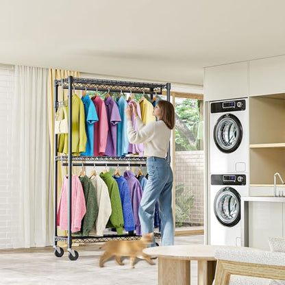 M MZG Heavy Duty Rolling Garment Rack 3 Tiers Adjustable Wire Shelving Clothes Rack with 2 Rods and Side Hooks,Storage Closet Clothing Rack with Wheels Black 15.7" D x 45.3" W x 79.6" H - color: Black, size: 3 Tier and 2 Rod 15.7"D x 45.3"W x 79.6"H