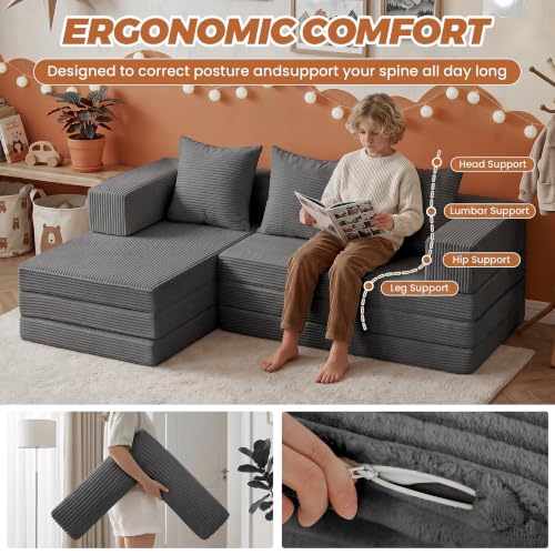 6-in-1 Tri-Folding Mattress | Cloud Boneless L-Shaped Modular Sectional Couches | Corduroy Pet-Friendly Convertible Futon Sofa Bed with 800LB Capacity Apartment, Guest Room, Game Room - color: Grey