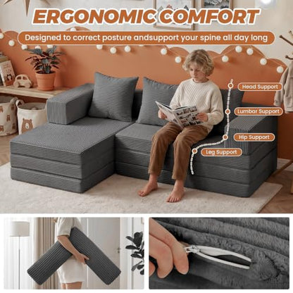 6-in-1 Tri-Folding Mattress | Cloud Boneless L-Shaped Modular Sectional Couches | Corduroy Pet-Friendly Convertible Futon Sofa Bed with 800LB Capacity Apartment, Guest Room, Game Room - color: Grey