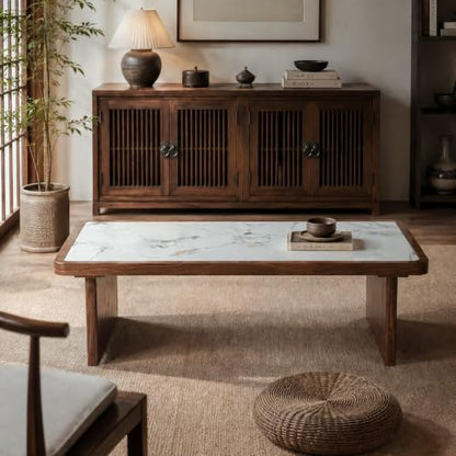 47.24" Solid Wood Coffee Table with Sintered Stone Top, Mid-Century Modern Design, Walnut Living Room Tea Center Table - color: Style 5: White Walnut