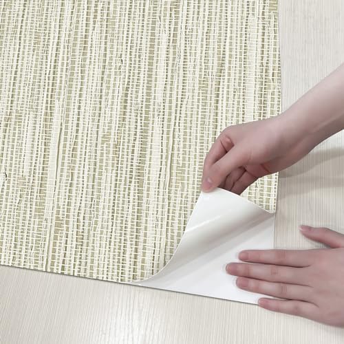 HueBurst Grasscloth Peel and Stick Wallpaper 17.3" x 197" Renter Friendly, Cream Textured Grassweave Wallpaper Self Adhesive Removable for Bathroom Bedroom - color: Cream, size: 17.3" x 197"