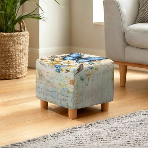 Butterfly Daisy Letter Print Stretch Ottoman Cover, Machine Washable Folding Storage Stool Furniture Protector Removable Slipcovers for Ottomans with Elastic Bottom - color: Butterfly Daisy Letter