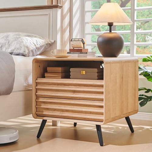 RedLemon 24" Fluted Nightstand with Charge Station, 2 Drawers, Oak | Mid Century Modern, 2 Drawers & Open Cubby Storage, P2 Engineered Wood, Smooth Slides, Easy Assembly, Charge Station
