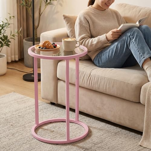 Easy Paws C Table Side End Table, Small Round Couch Sofa Tray Snack Table for Living Room, Bedroom,Accent Coffee Table,TV Tray Table for Small Space, Nightstand with Metal Frame(Pink) - color: Pink