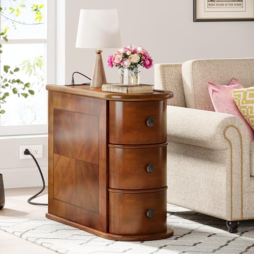 Solid Wood End Table with Charging Station, No Assembly Required Narrow Sofa Side Table for Living Room, Vintage Slim Nightstand Bedside Table (3 Drawers, Brown, 1Pc) - color: Brown, size: 1Pc, style: 3 Drawers