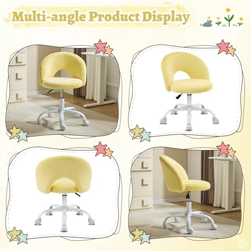 VINGLI Small Vanity Chair with Faux Fur Wheels for Girls,Cute Adjustable Height Armless Office Desk Chair,360°Swivel Comfy Rolling for Study,Make up Room,Small Space,Yellow - color: Furry Yellow