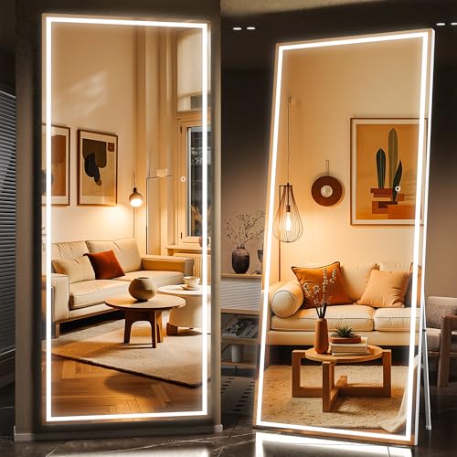 83" x 36" Full Length Mirror with Lights, Large LED Lighted Floor Standing Body Mirror, Dimmable & 3 Color Lighting for Bedroom, Cloakroom, Dressing Room, Tempered Glass, White Frame - color: White, size: 83"L x 36"W