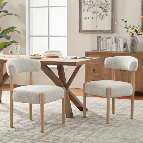 VKNOW Wooden Dining Chairs Set of 2 with Rubberwood Legs, Curved Backrest | Modern Upholstered Dining Chairs with Thickened Cushion, Soft Chenille Fabric, for Dining Room/Kitchen, Heathered Off-White - color: Heathered Off-white, size: Set of 2