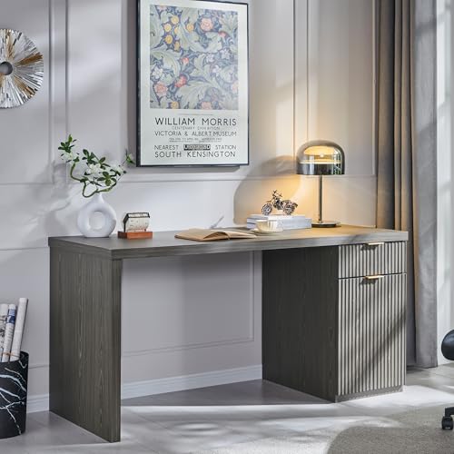60" Modern Executive Desk with Storage, Wood Home Office Desk with Drawer & Cabinet, Fluted Computer Writing Desk for Study, Living Room, Bedroom, Grayish Green - color: Grayish Green, size: 22"D x 60"W x 30H"