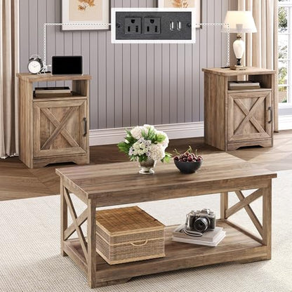 3 Piece Living Room Table Set with Barn Door, Barnwood | Includes Coffee Table and 2 End Tables, Charging Station &USB Ports, Rustic Farmhouse Style, Living Room Furniture Set - color: Barnwood