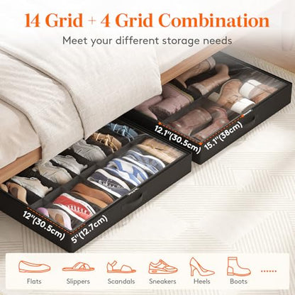 Lifewit Under Bed Shoe Storage Organizer 1 Pack(14 Shoes Cells+4 Boots Cells), 4.3 Inches Profile Fabric Shoes Container Box with Clear Cover, Foldable Storage Bag with 2 Handles, Fits 11 to 18 Pairs - style: 14 Shoes Cells+4 Boots Cells