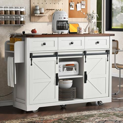 53.7" Kitchen Island with Drop Leaf & Power Outlet, Rolling Kitchen Island Cart On Wheels with 2 Sliding Barn Door, Kitchen Island Table with Storage, for Kitchen, Dining Room (White) - color: White