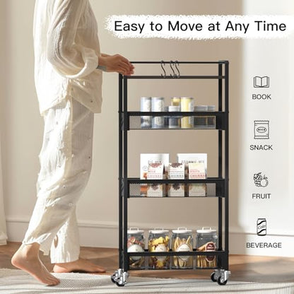 DGSNADGO Slim Rolling Storage Cart, 4-Tier Narrow Kitchen Cart with Wheels | Skinny Rolling Cart, Metal Mobile Snack Shelving, Rolling Spice Rack for Small Space in Kitchen, Living Room,Bathroom, Black - color: Black