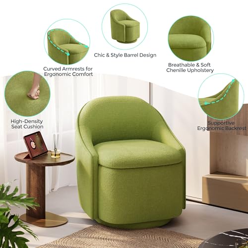 LINSY Swivel Accent Chair with Storage Comfy Chenille Barrel Chairs, Small 360 Swivel Modern Armchair for Living Room Bedroom, Boucle Reading Chair for Study Room (Green) - color: Green
