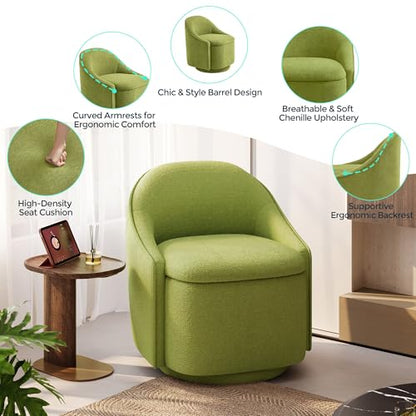 LINSY Swivel Accent Chair with Storage Comfy Chenille Barrel Chairs, Small 360 Swivel Modern Armchair for Living Room Bedroom, Boucle Reading Chair for Study Room (Green) - color: Green