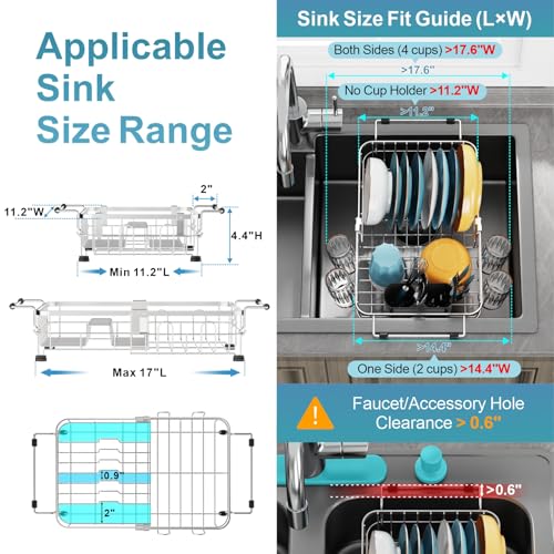 Small in Sink Dish Drying Rack - Expandable Stainless Steel Compact Over The Sink Dish Drainer with Utensil Holder for RV Kitchen Apartment, Silver - color: Silver, size: 11.2"W | Fits Inner Sink 11.2"-18.5"L