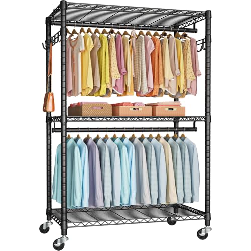 P1 Plus Rolling Clothes Rack, Heavy Duty Portable Closet Wardrobe | Freestanding Garment Clothing Rack with Wheels and Double Rods, 45"W x 17.7"D x 80.5"H, Max Load 524lbs, Black - color: Black, size: P1 Plus